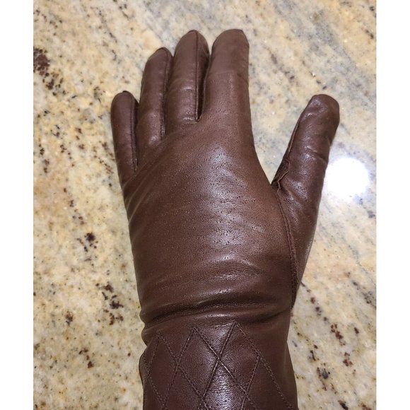Vintage Size 7.5 M Brown Leather Lined 9.5" Gloves Fownes Diamond Stitching - Picture 8 of 12